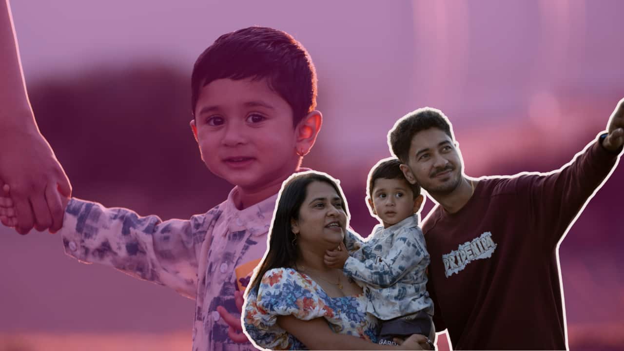 Family picture of Nirjala Sigdel and her son, Liam's single portrait in the background.