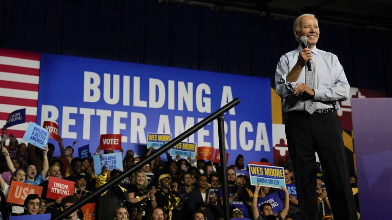 President Joe Biden speaks during a campaign rally at Bowie State University in Maryland