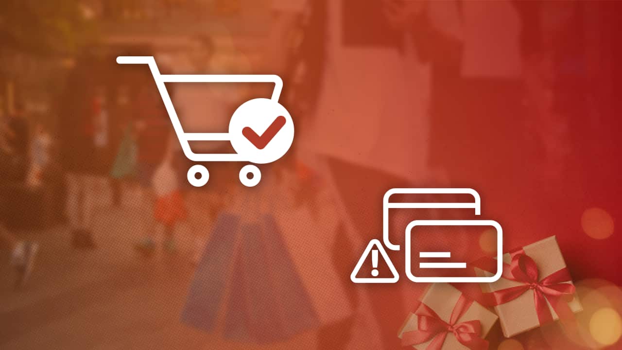 A photo of people walking through a shopping mall, overlaid with a photo of gift boxes and graphics of a shopping cart and credit cards.