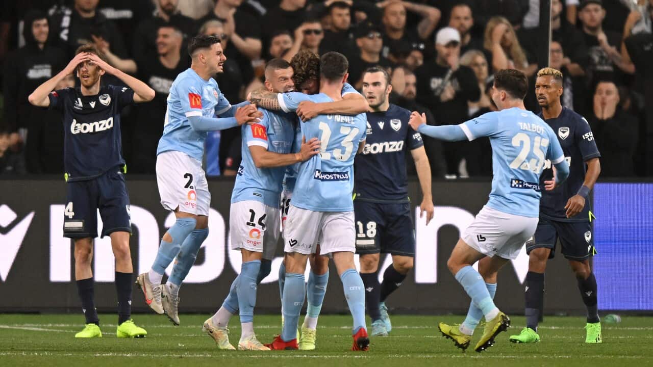 City players celebrate after Cadete of Melbourne Victory scored an own goal during the A-League Men's soccer match between the Melbourne Victory and Melbourne City