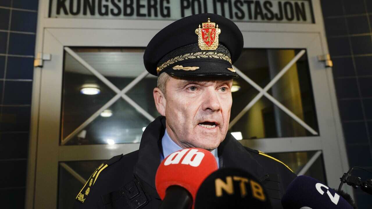 Oyvind Aasead of the operations unit in the Buskerud police holds a press conference after a serious incident in Kongsberg, Norway.