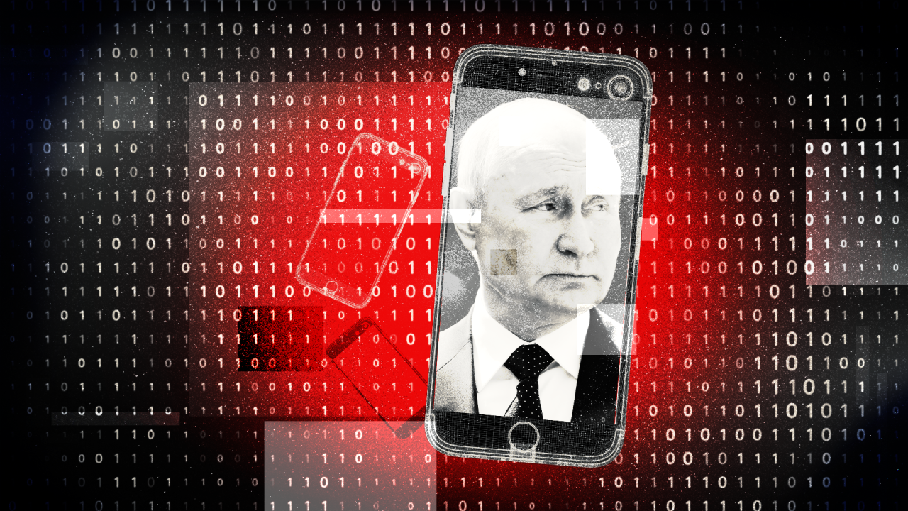 Graphic art showing a mobile phone featuring a black and white image of Vladimir Putin set against a red and black background with many 1s and 0s printed across it.