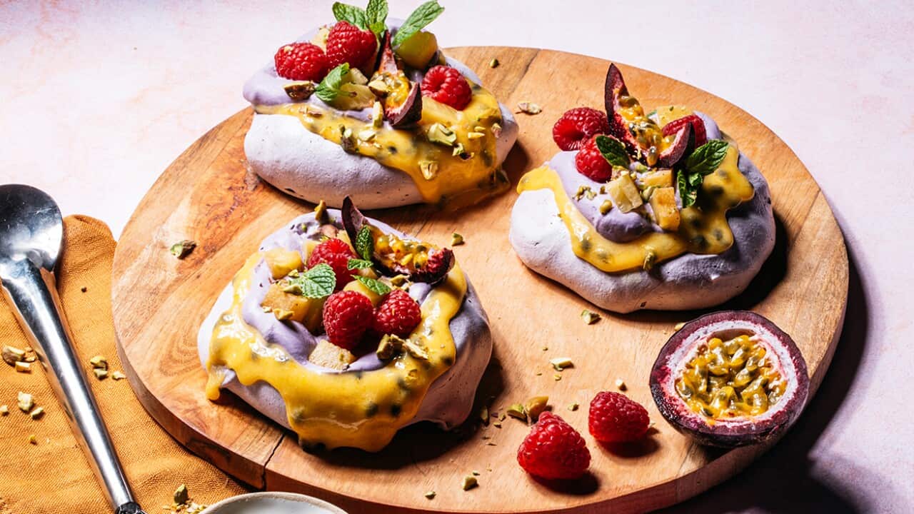 Tropical ube pavlova nests