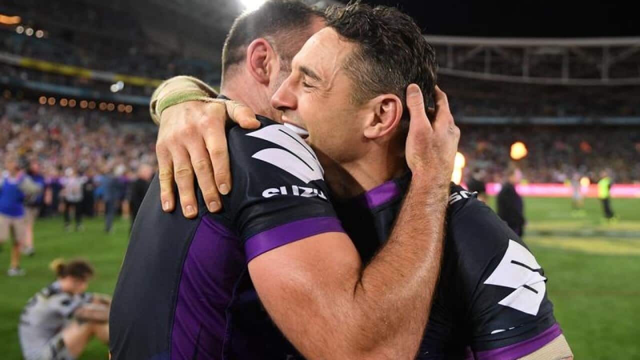 A file image of Billy Slater and Cameron Smith of the Storm embracing.