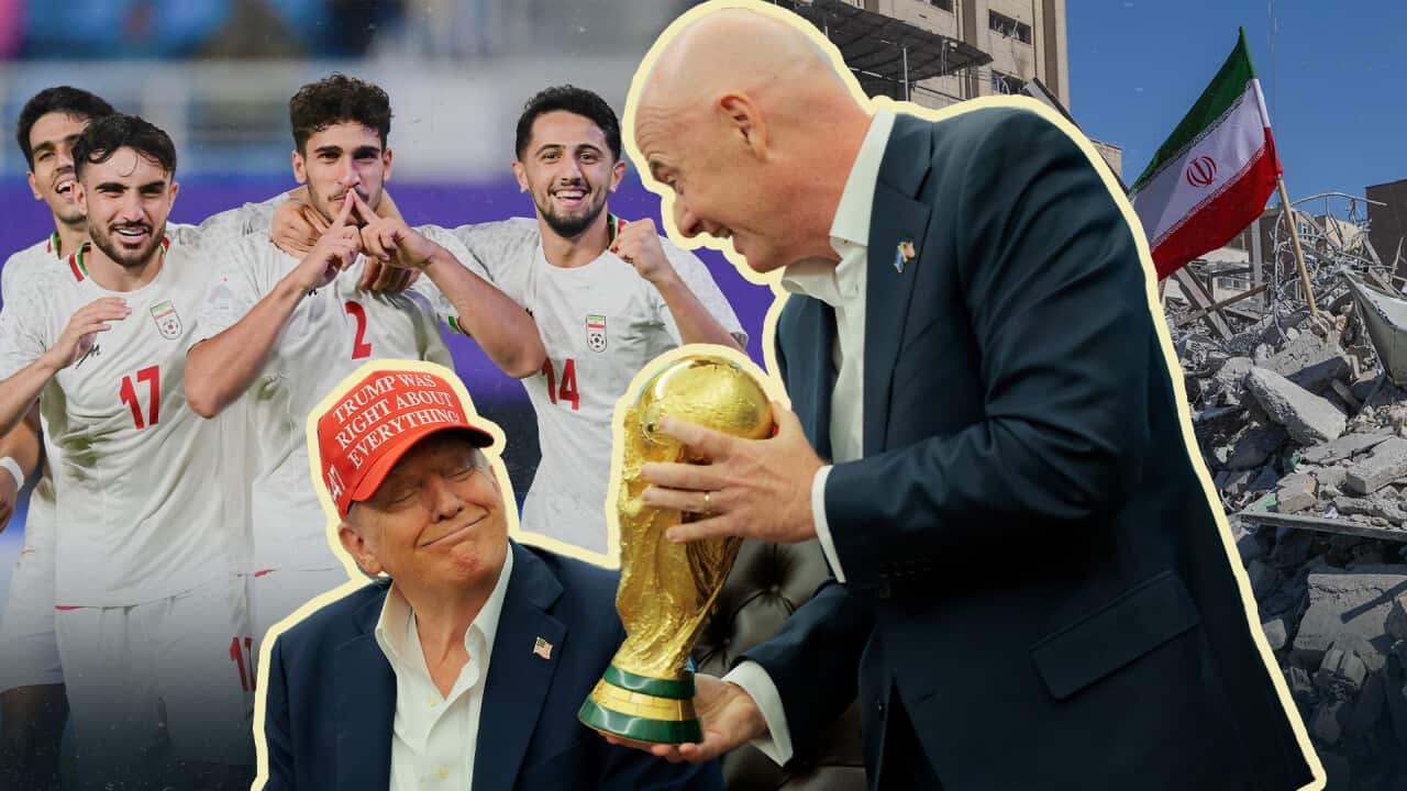 A composite image of a men's football team celebrating, a man gifting a golden trophy to another man and an Iranian flag emerging from rubble