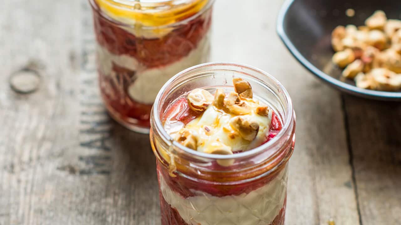 Baked rhubarb with drained yoghurt, hazelnuts and honey