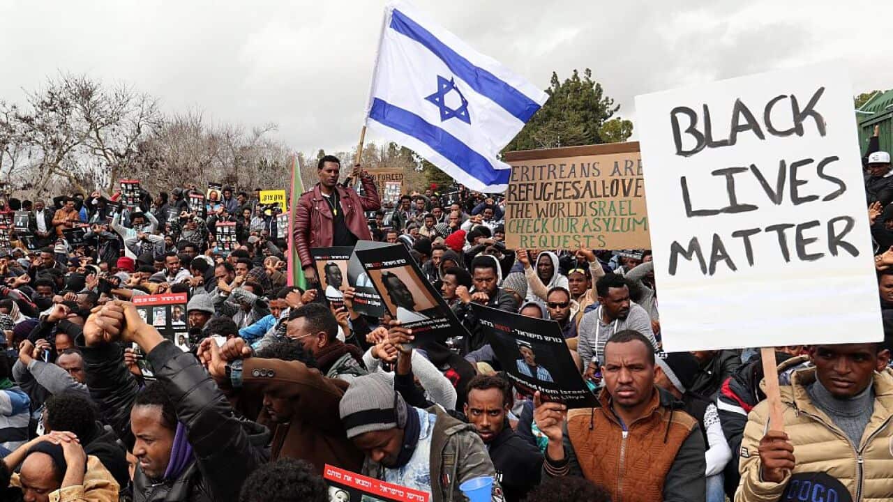 Hundreds of African asylum seekers during a protest against Israel's deportation policy at the Knesset in January 2017.