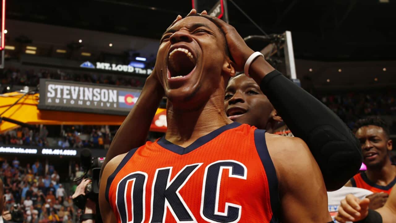 Oklahoma City Thunder guard Russell Westbrook celebrates