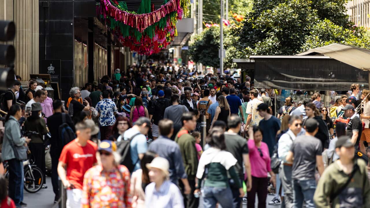 Crowds of people on a pedestrian strip during a Christmas shopping rush