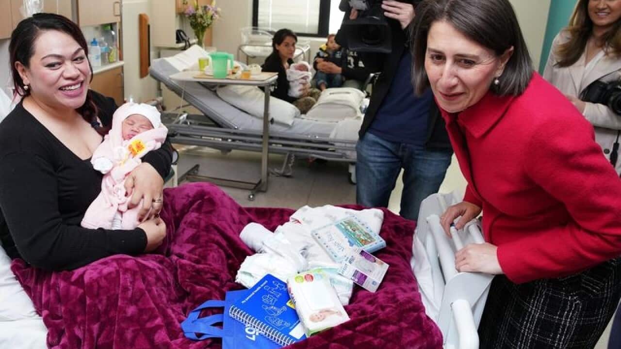 NSW Premier Gladys Berejiklian with a new mother and baby at Westmead.
