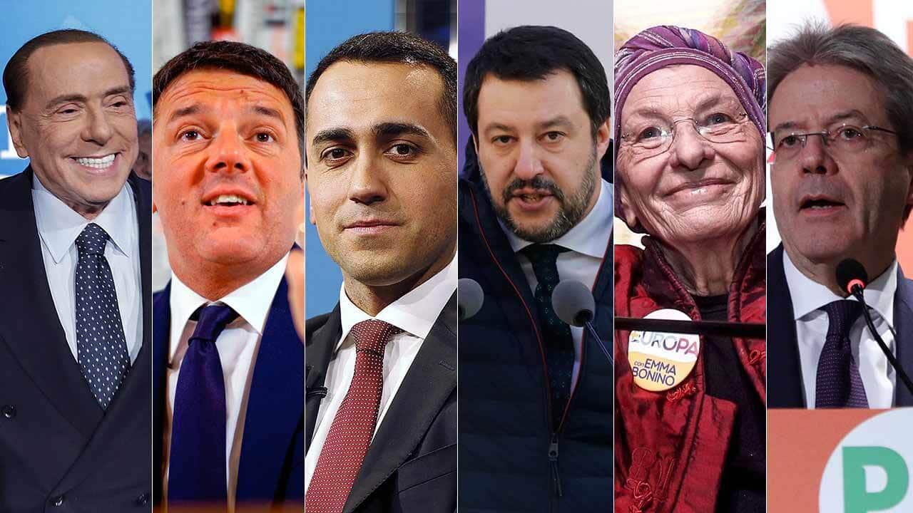 From left: Silvio Berlusconi, Matteo Renzi, Luigi Di Maio, Matteo Salvini, Emma Bonino and Paolo Gentiloni.