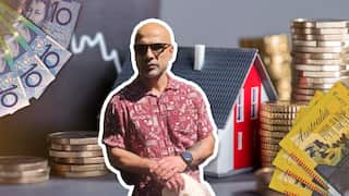 A composite image showing a bald man in a red shirt outlined against a small toy house surrounded by Australian currency.