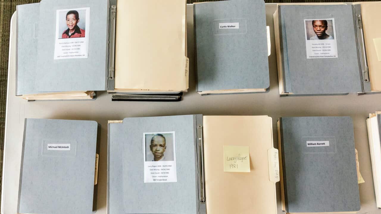 Color-coded case files from 1981 in the evidence room where detectives are reviewing the Atlanta child murders.