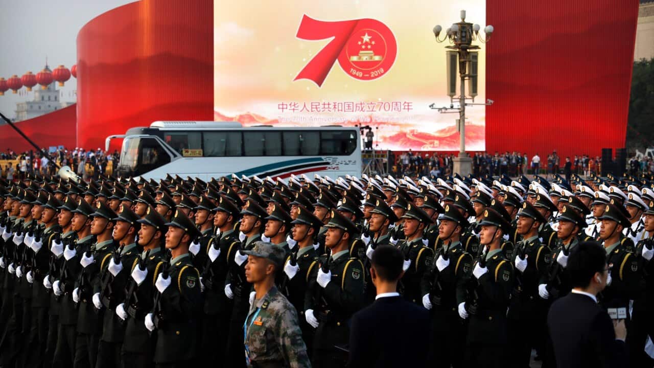 Chinese soldiers rehearse the parade to commemorate the 70th anniversary of the founding of Communist China