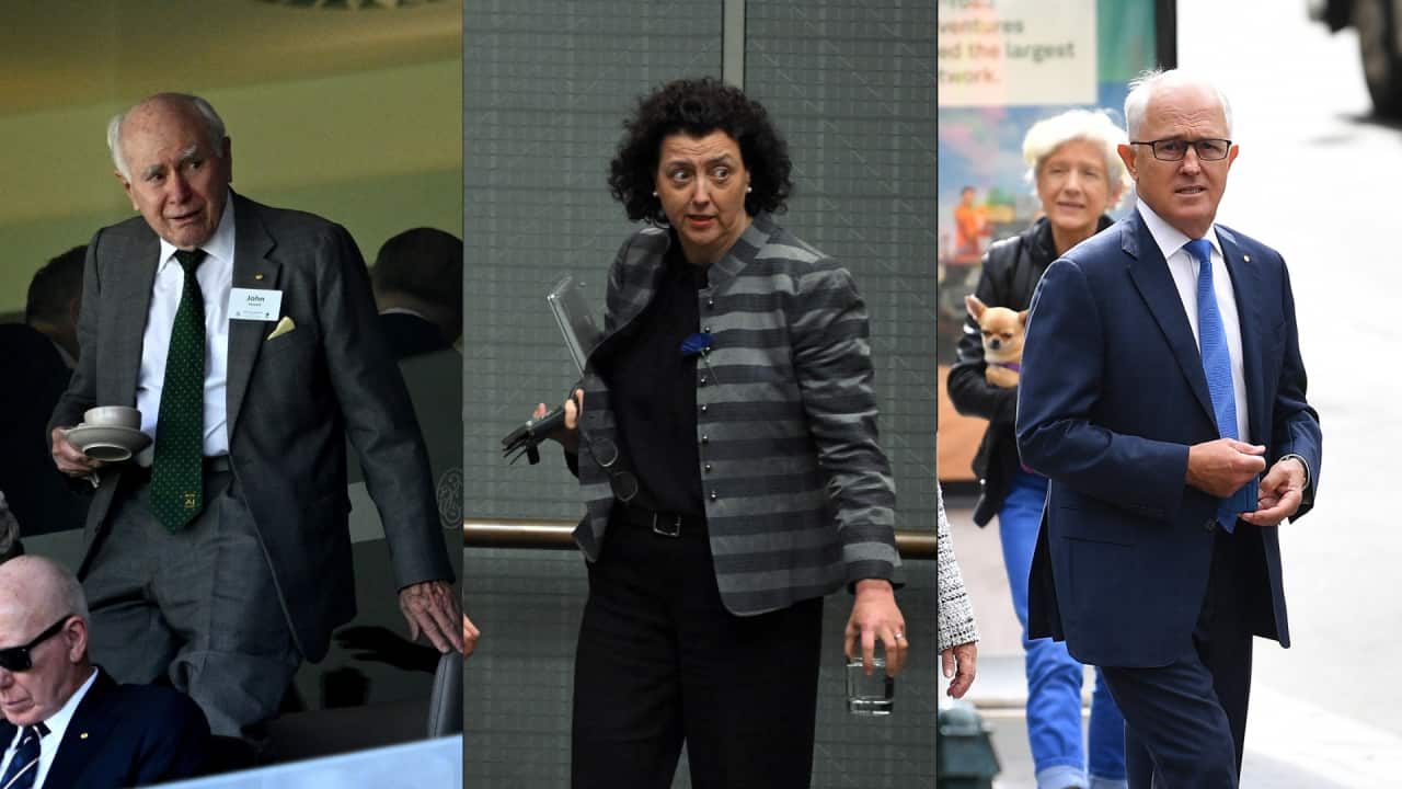 A three-way composite image showing former prime ministers John Howard and Malcolm Turnbull, both wearing suits. Current independent MP Monique Ryan is wearing a stiped grey top and black pants.