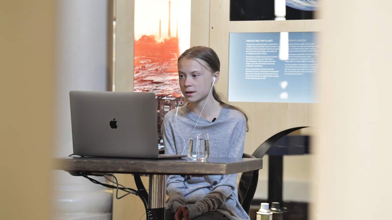 Environmental activist Greta Thunberg talks via video link during a live chat on International Earth Day.