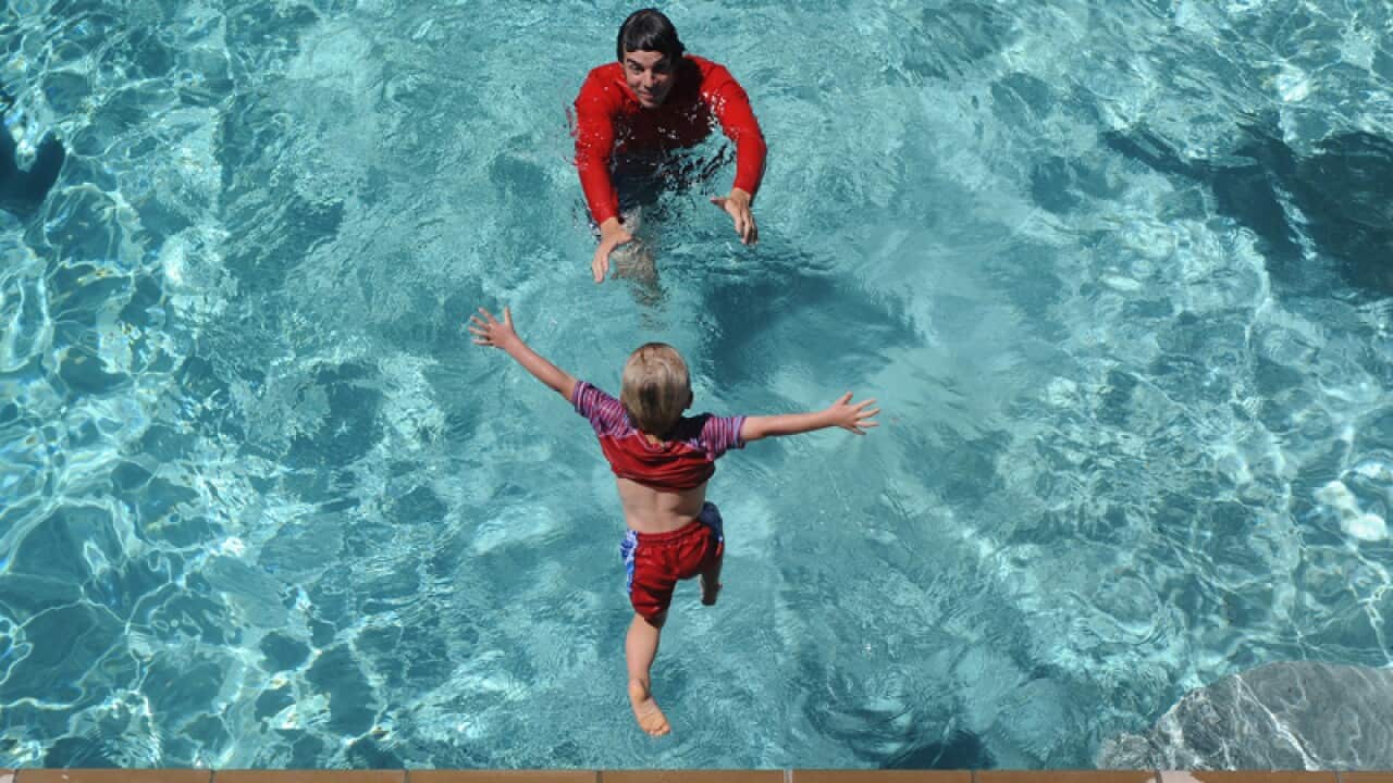 A young boy jumps into a backyard pool toward a man who has his arms outstretched.