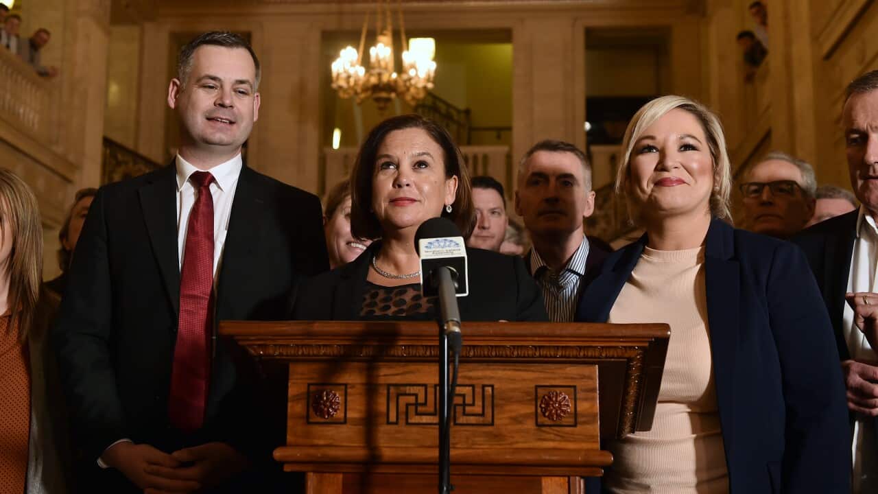 Sinn Fein president Mary Lou McDonald and vice president Michelle ONeill hold a press conference alongside other party members.