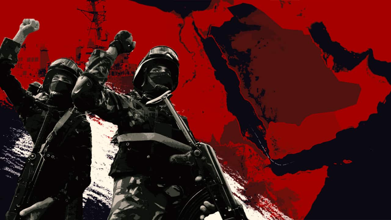 A militant group against a map of the Red Sea