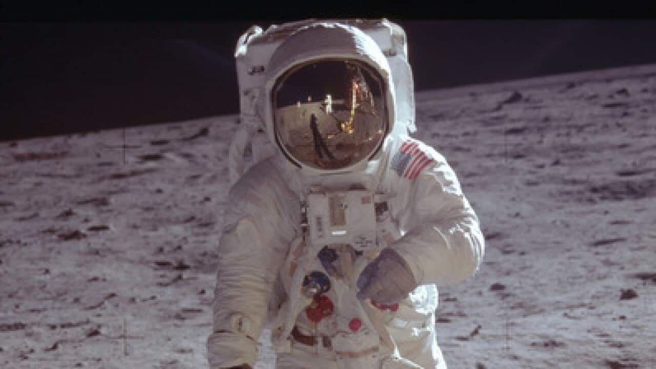 Neil Armstrong on the moon, taken by Buzz Aldrin