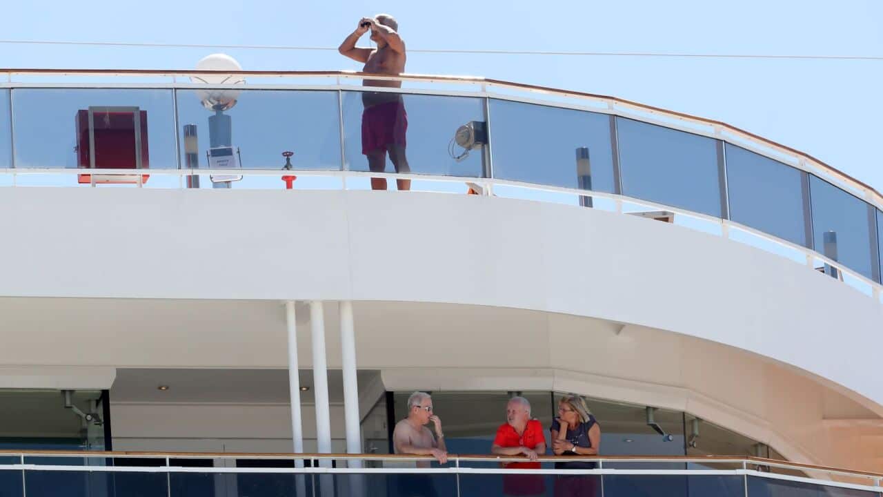Passengers are seen onboard the MSC Magnifica cruise ship which is docked in Fremantle