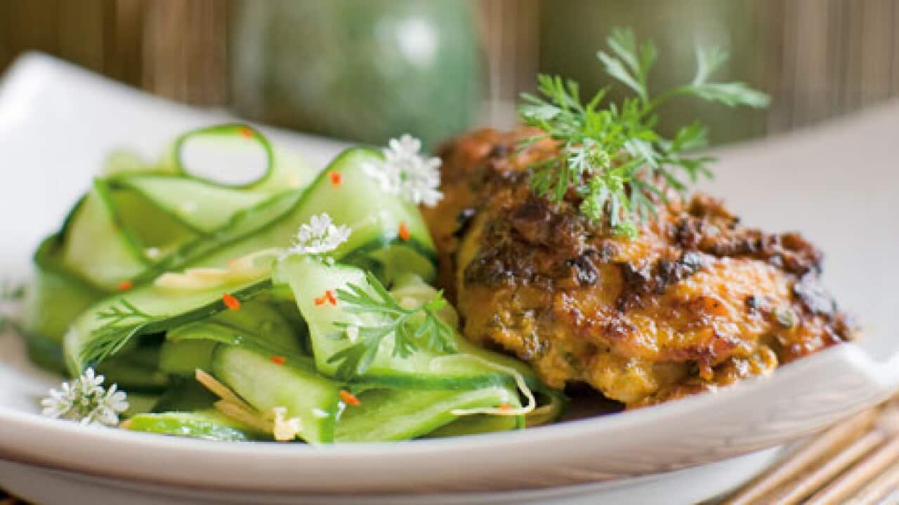 Coconut chicken with spicy cucumber