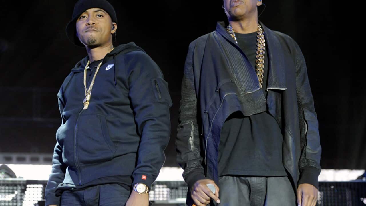 Jay Z (R) and Nas during the Coachella Music and Arts Festival