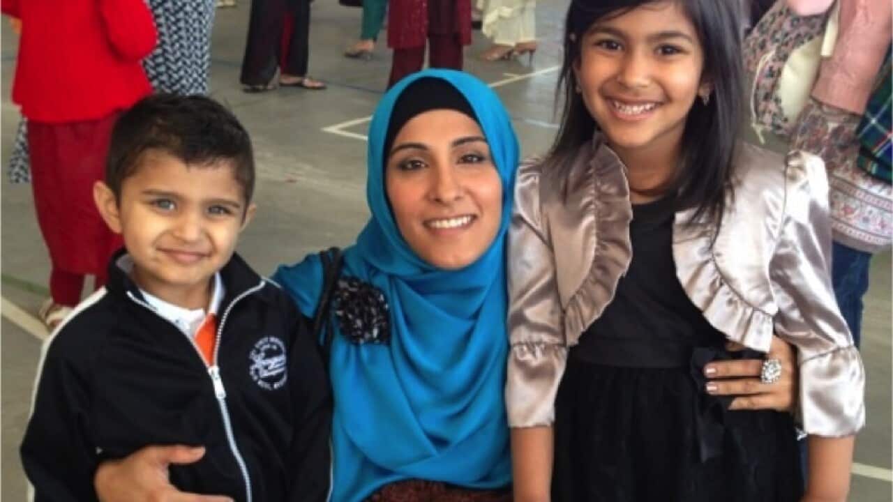 Jasbinder Sanghera, centre, with her daughter and son Jibreel, left, before he became ill.