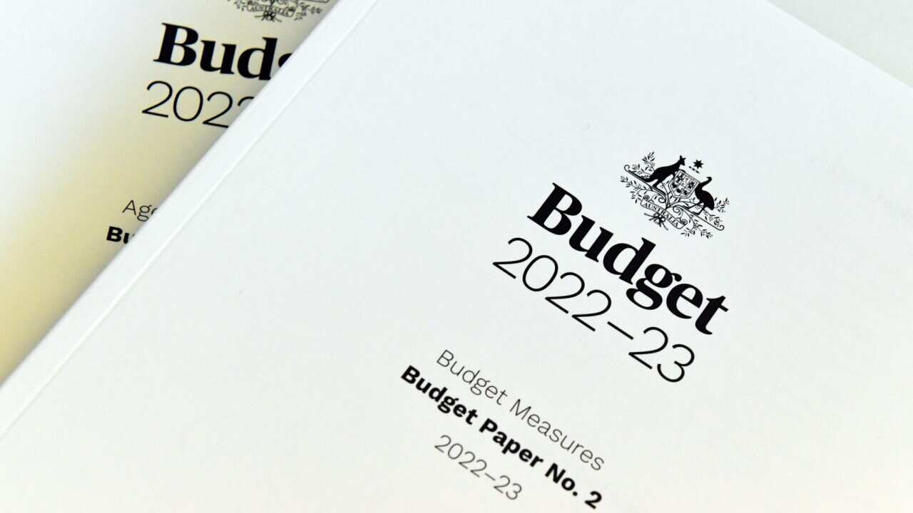The 2022-2023 Budget books at Parliament House in Canberra