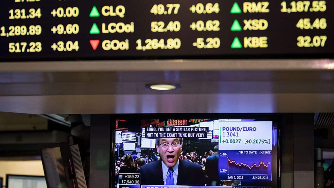 A television monitor displays news of the 'Brexit vote' on the floor of the New York Stock Exchange, June 23, 2016 in New York City