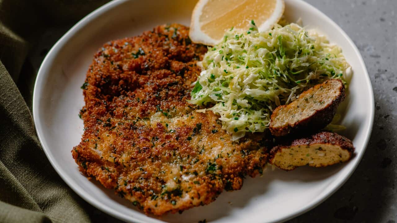 Mum's chicken schnitty and cabbage slaw