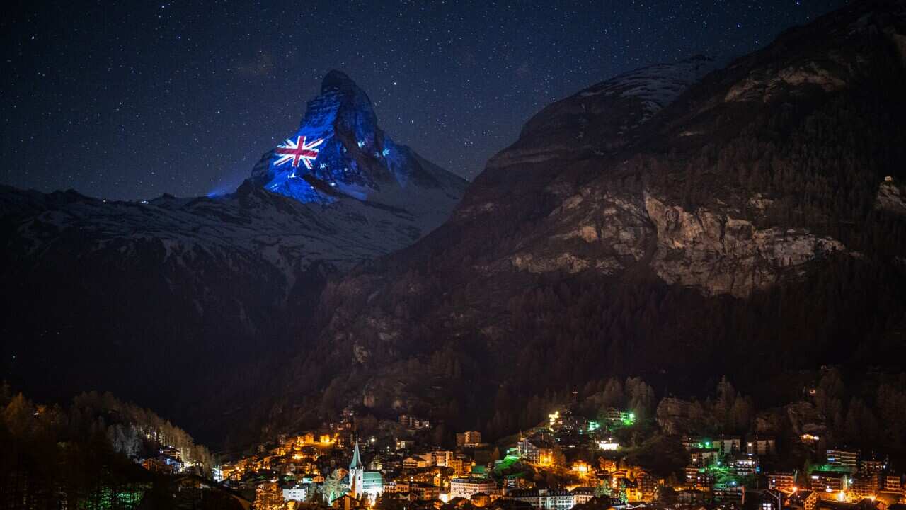 The Australian Flag projected on Mount Matterhorn in the Swiss Alps as a sign of hope and solidarity during coronavirus pandemic.