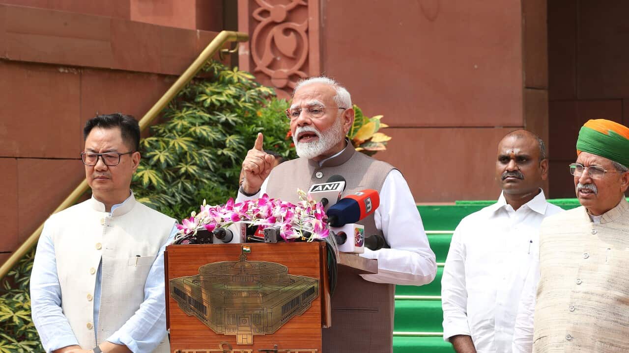 Indian Prime Minister Narendra Modi addresses the media during budget session of Parliament