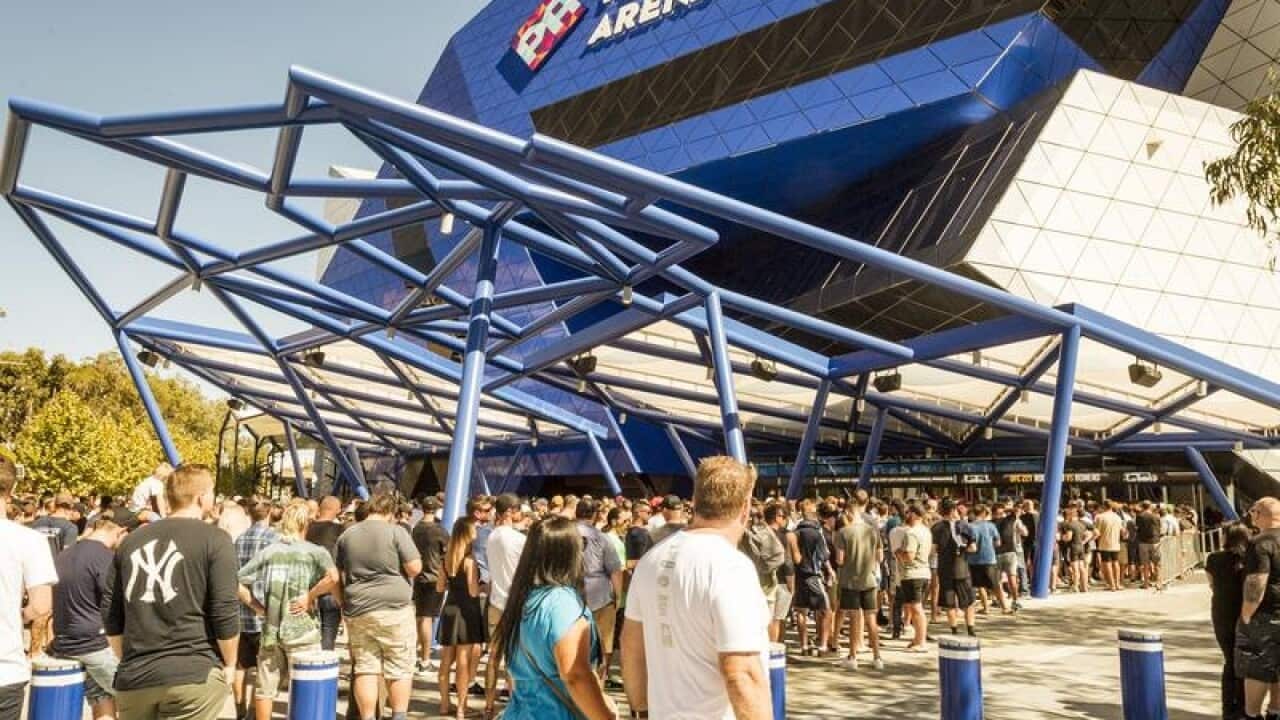 Crowds outside the new Perth Arena.
