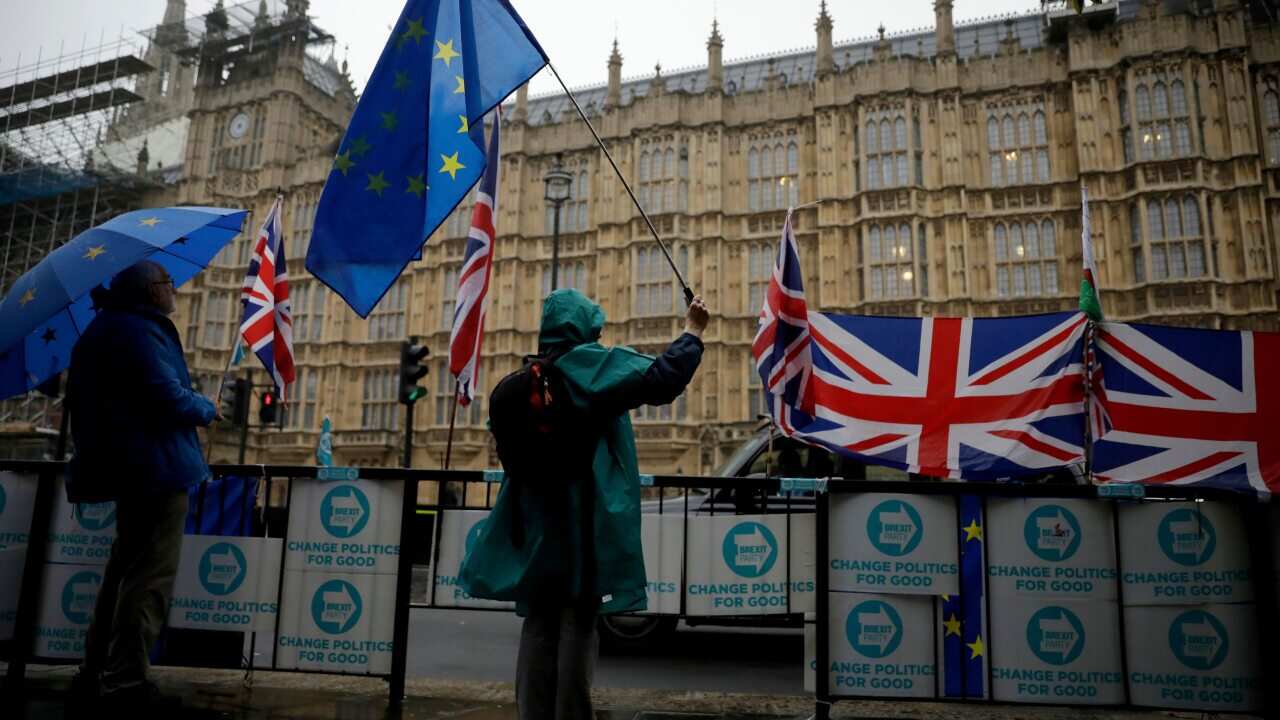 Anti-Brexit remain in the European Union supporters protest outside the Houses of Parliament in London.