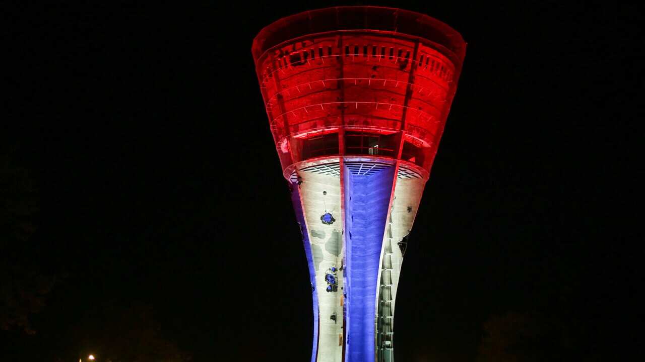 Vukovar Water Tower is illuminated with the colors, in Vukovar, Croatia, on October 19, 2020.