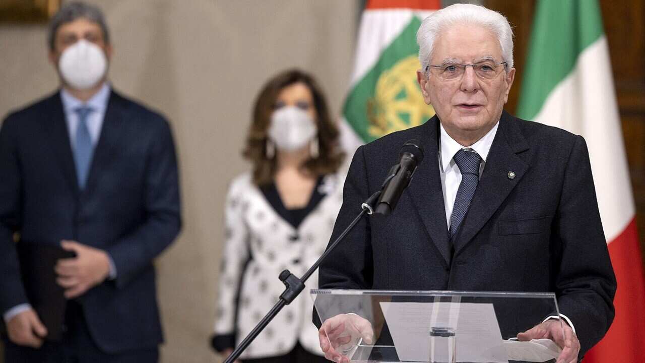 Italian President Sergio Mattarella and behind him the presidents of the Chamber of Deputies and the Senate