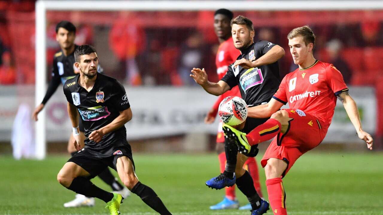 Riley McGree of United kicks the ball during the FFA Cup Quarter Final match between Adelaide United and the Newcastle Jets at Coopers Stadium in Adelaide, Tuesday, September 17, 2019. (AAP Image/David Mariuz) NO ARCHIVING, EDITORIAL USE ONLY