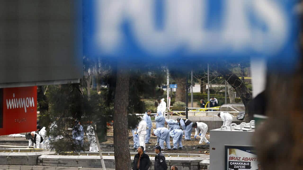 Scenes of crime officers search the area after an explosion in Ankara, Turkey early 14 March 2016. An explosion happened near Bus Station on 13 March, killed 34 people and 125 people injured.