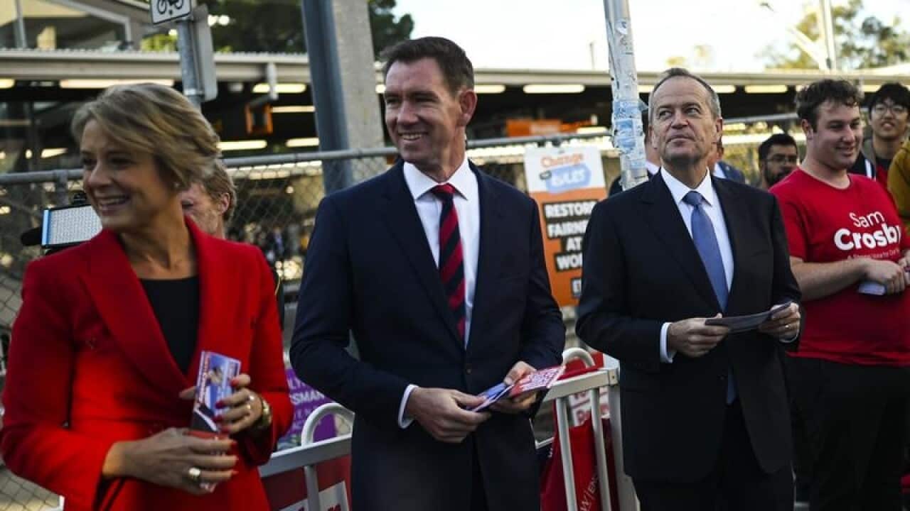 Kristina Keneally, candidate Sam Crosby and Bill Shorten in Rhodes.