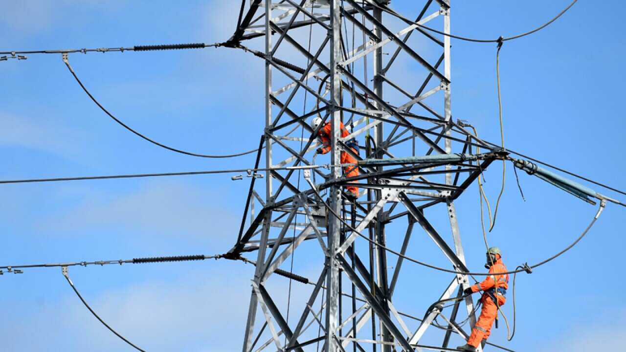 Workers are seen on a high tension electricity pylon