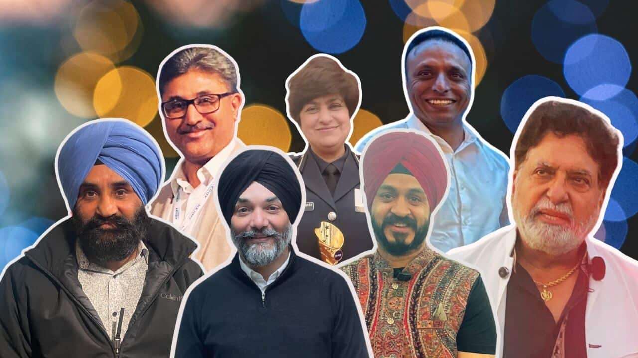 A montage of seven Punjabi Indian Australians from various professional backgrounds, including individuals in traditional turbans, a woman in uniform, and men in business and formal attire, set against a blurred bokeh background.