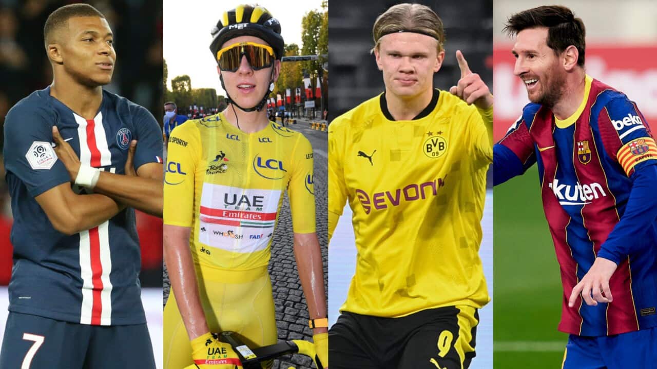 (L-R) Kylian Mbappe, Tadej Pogačar, Erling Haaland, Lionel Messi