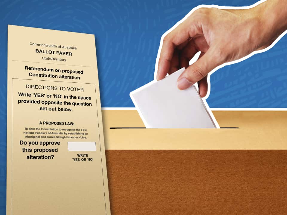 A digital graphic showing a close up of a person's hand as they drop a ballot paper into a box.