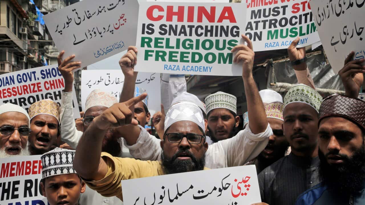 Indian Muslims protest against the Chinese government’s treatment of Muslim Uighurs.