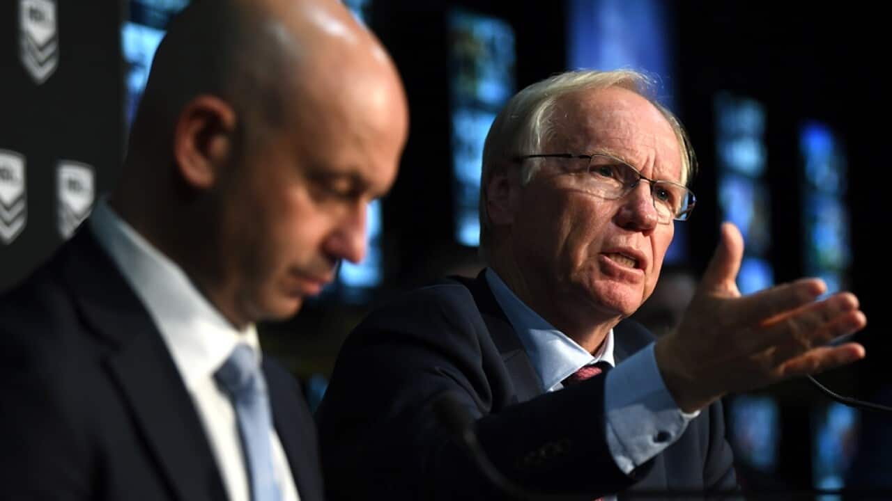 Australian Rugby League Commission Chairman Peter Beattie (right) and NRL Chief Executive Todd Greenberg speak to the media in Sydney