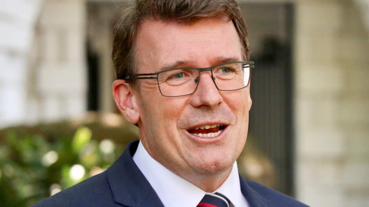 Minister for Human Services Alan Tudge speaks to the media during a press conference in Melbourne, Thursday, January 25, 2018. (AAP Image/Alex Murray) NO ARCHIVING