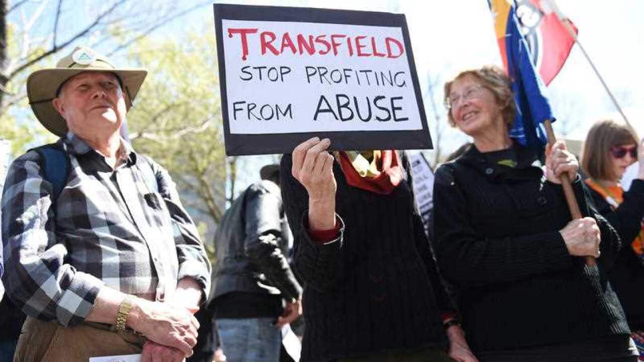 An immigration rally outside Transfield headquarters, organised by a group of unions concerned about the Human Rights violations occurring in Immigration Detention centres in Melbourne