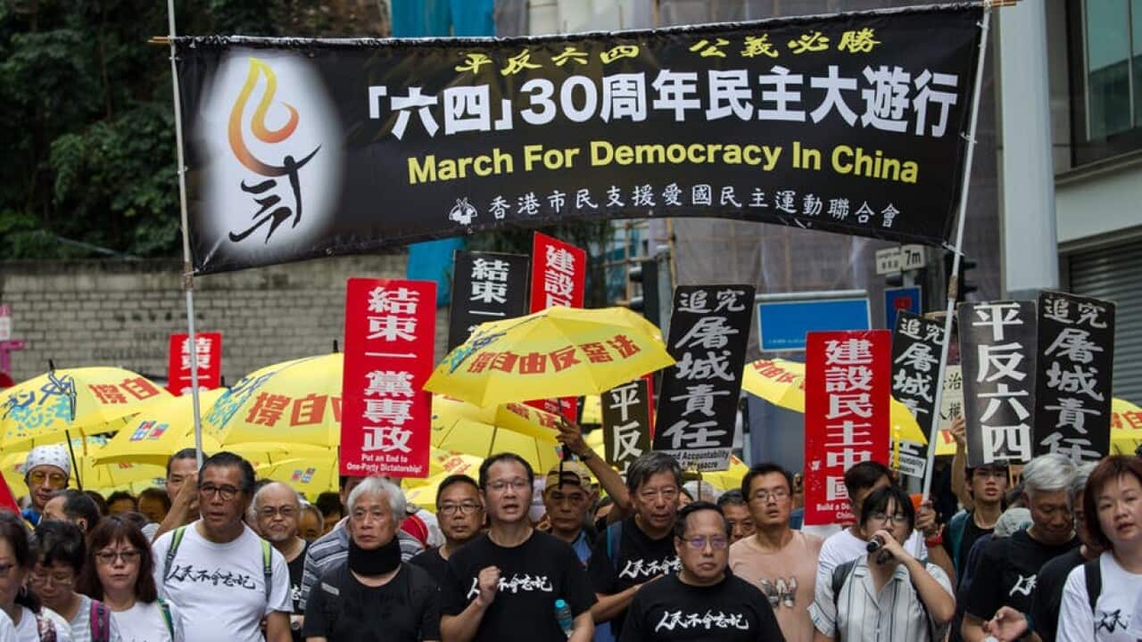 Pro-democracy activists march in Hong Kong in May 2019 to commemorate the 1989 Tiananmen Square protests.