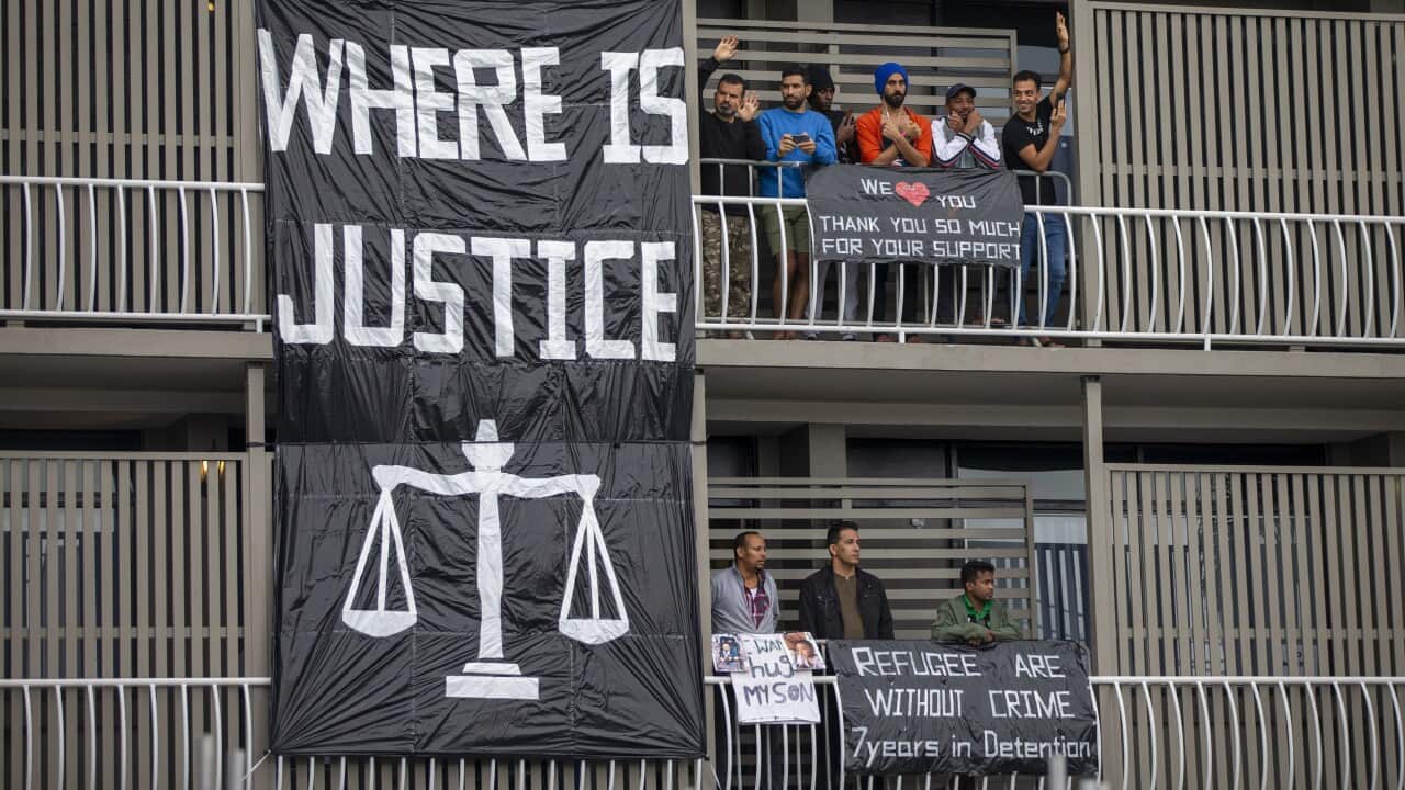 Detainees inside the Kangaroo Point Central Hotel in Brisbane.